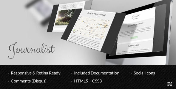 Journalist Ghost Theme by Mpc is a Ghost theme which features Retina display support, fully responsive layouts, clean design, is great for your personal site, blogging related layouts and optimizations, flat design aesthetics and  minimal design.