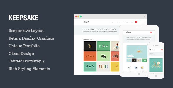 Keepsake by Tommusrhodus is a WordPress theme which features Retina display support, parallax elements, fully responsive layouts, search engine optimization, Google Fonts support, Revolution Slider, WooCommerce integration, clean design, Bootstrap framework utilization, support for photo galleries, can be used for your portfolio, magazine style layouts, flat design aesthetics, masonry post layouts and a grid layout.