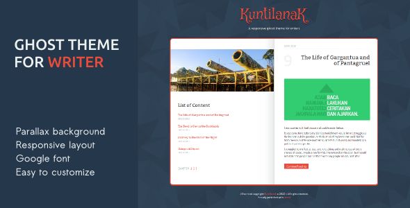 Kuntilanak by Harrysaputra is a Ghost theme which features parallax elements, fully responsive layouts, Google Fonts support, Bootstrap framework utilization, flat design aesthetics and  minimal design.