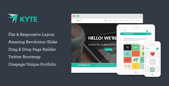 Kyte by Tommusrhodus is a WordPress theme which features Retina display support, parallax elements, support for RTL languages, one page layouts, fully responsive layouts, search engine optimization, Google Fonts support, Revolution Slider, clean design, Bootstrap framework utilization, support for photo galleries, can be used for your portfolio, magazine style layouts, is great for your personal site, corporate style visuals, flat design aesthetics and a grid layout.