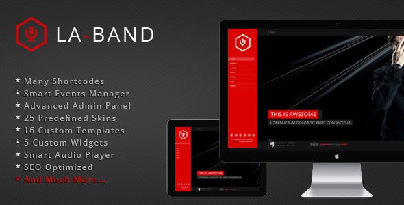 LA Band by Holobest is a WordPress theme for bands which features support for RTL languages, fully responsive layouts, search engine optimization, clean design, support for photo galleries and flat design aesthetics.