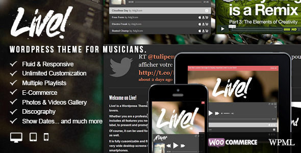 Live by BrutalDesign is a WordPress music theme which features Retina display support, fully responsive layouts, search engine optimization, Google Fonts support, Revolution Slider, WooCommerce integration, clean design and masonry post layouts.