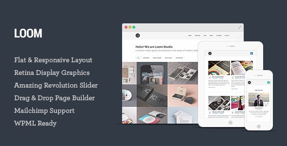 Loom by Tommusrhodus is a WordPress theme which features Retina display support, parallax elements, one page layouts, fully responsive layouts, search engine optimization, Google Fonts support, Revolution Slider, WooCommerce integration, clean design, Bootstrap framework utilization, support for photo galleries, can be used for your portfolio, magazine style layouts, corporate style visuals, flat design aesthetics, masonry post layouts, a grid layout and minimal design.
