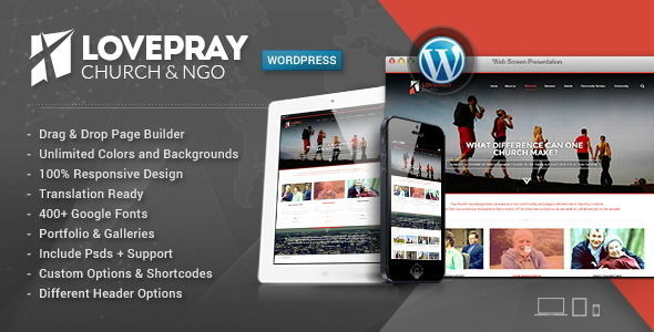 LovePray by Chimpstudio is a news magazine WordPress theme with video support which features support for RTL languages, fully responsive layouts, search engine optimization, Revolution Slider, clean design, Bootstrap framework utilization, can be used for your portfolio, magazine style layouts, corporate style visuals and a grid layout.