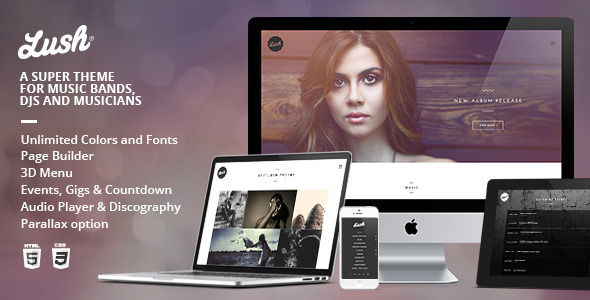 Lush by IronTemplates is a WordPress theme for bands which features parallax elements, support for RTL languages, one page layouts, fully responsive layouts, Revolution Slider, WooCommerce integration, clean design and a grid layout.