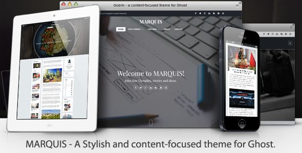 MARQUIS by Sunflowertheme is a Ghost theme which features parallax elements, support for RTL languages, fully responsive layouts, Google Fonts support, clean design, Bootstrap framework utilization, can be used for your portfolio, is great for your personal site, masonry post layouts and  a grid layout.
