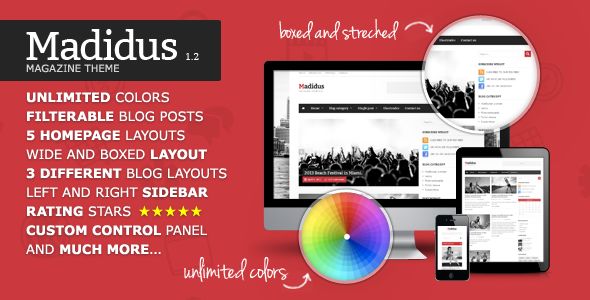 Madidus by Different-themes is a news magazine WordPress theme with video support which features Retina display support, fully responsive layouts, Google Fonts support, magazine style layouts, is great for your personal site and a grid layout.