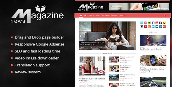 Magazin by TagDiv is a news magazine WordPress theme with video support which features support for RTL languages, fully responsive layouts, search engine optimization, Revolution Slider, WooCommerce integration, clean design, Bootstrap framework utilization and magazine style layouts.