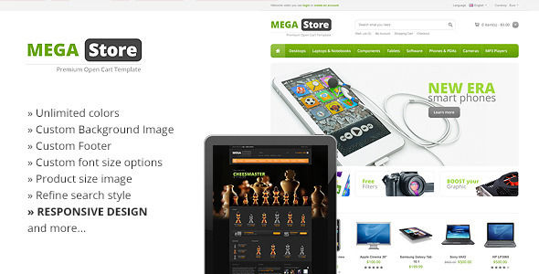 MegaStore Responsive OpenCart Theme by Tiquet is a ecommerce theme for gaming stores which features support for RTL languages, fully responsive layouts, Google Fonts support and a grid layout.