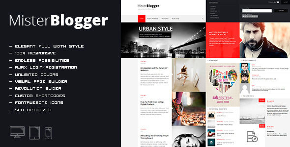 MisterBlogger by OrangeIdea is a news magazine WordPress theme with video support which features Retina display support, fully responsive layouts, search engine optimization, Revolution Slider, clean design, Bootstrap framework utilization, magazine style layouts, is great for your personal site and minimal design.