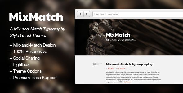 MixMatch by ThemeArtisan is a Ghost theme which features support for RTL languages, fully responsive layouts and  Bootstrap framework utilization.
