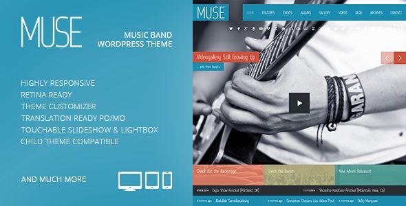 Muse by GrandPixels is a WordPress music theme which features Retina display support, support for RTL languages, fully responsive layouts, search engine optimization, Google Fonts support, WooCommerce integration, blogging related layouts and optimizations and a grid layout.