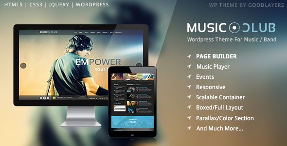 Music Club by GoodLayers is a WordPress music theme which features Retina display support, parallax elements, Mega Menu, fully responsive layouts, search engine optimization, Google Fonts support, Revolution Slider, WooCommerce integration, can be used for your portfolio, magazine style layouts and minimal design.