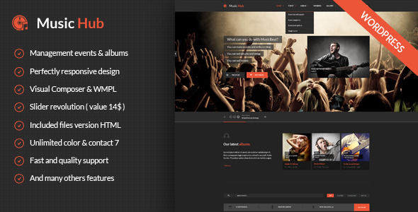 MusicHub by ElephantThemes is a WordPress music theme which features fully responsive layouts, WooCommerce integration, Bootstrap framework utilization and magazine style layouts.
