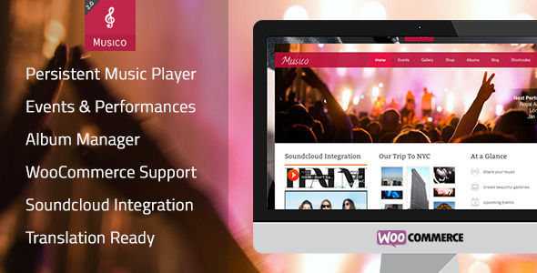 Musico by Bonsaished is a WordPress theme for bands which features fully responsive layouts, search engine optimization, Google Fonts support, WooCommerce integration and is great for your personal site.