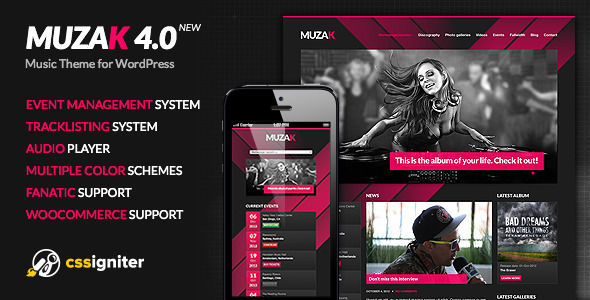 Muzak by Cssignitervip is a WordPress music theme which features support for RTL languages, fully responsive layouts, WooCommerce integration, Bootstrap framework utilization, support for photo galleries and masonry post layouts.