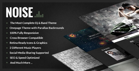NOISE by Fitwp is a WordPress music theme which features Retina display support, parallax elements, one page layouts, fully responsive layouts, search engine optimization, Google Fonts support, Revolution Slider, WooCommerce integration, clean design, Bootstrap framework utilization, corporate style visuals and a grid layout.