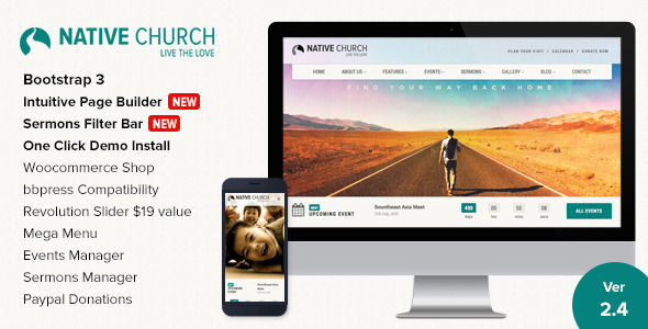 NativeChurch by Imithemes is a news magazine WordPress theme with video support which features Retina display support, support for RTL languages, Mega Menu, one page layouts, fully responsive layouts, search engine optimization, Google Fonts support, Revolution Slider, WooCommerce integration, Bootstrap framework utilization, can be used for your portfolio, corporate style visuals, flat design aesthetics, masonry post layouts and a grid layout.
