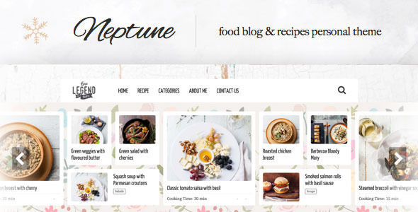 Neptune by Osetin is a recipe WordPress theme which features support for RTL languages, fully responsive layouts, clean design, is great for your personal site, masonry post layouts and a grid layout.