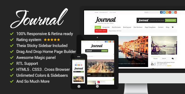 News Journal by Bdayh is a news magazine WordPress theme with video support which features Retina display support, support for RTL languages, fully responsive layouts, search engine optimization, Google Fonts support, WooCommerce integration, clean design, can be used for your portfolio, magazine style layouts, a grid layout and minimal design.