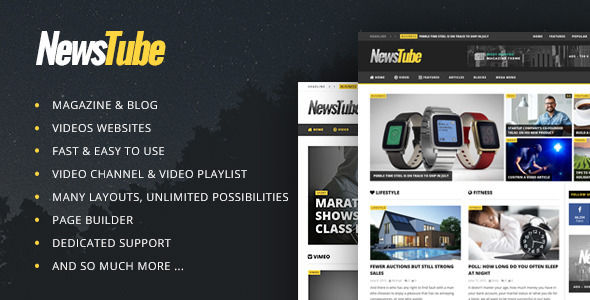NewsTube by Cactusthemes is a news magazine WordPress theme with video support which features Retina display support, parallax elements, support for RTL languages, Mega Menu, fully responsive layouts, search engine optimization, Google Fonts support, Revolution Slider, WooCommerce integration, clean design, magazine style layouts and a grid layout.