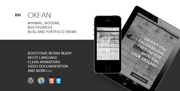 Okean by Ki-themes is a WordPress theme which features parallax elements, fully responsive layouts, clean design, Bootstrap framework utilization, can be used for your portfolio, is great for your personal site and minimal design.