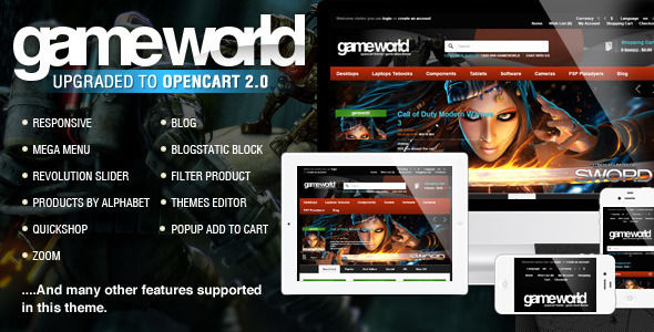 OpenCart Game Theme by Tvlgiao is a ecommerce theme for gaming stores which features parallax elements, support for RTL languages, Mega Menu, one page layouts, fully responsive layouts, search engine optimization, Revolution Slider, WooCommerce integration, Bootstrap framework utilization, Colorful, a grid layout and minimal design.
