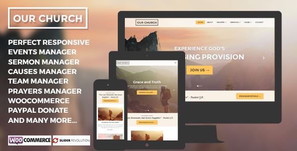 Our Church by Ninetheme is a news magazine WordPress theme with video support which features parallax elements, support for RTL languages, fully responsive layouts, search engine optimization, Google Fonts support, Revolution Slider, WooCommerce integration, Bootstrap framework utilization, can be used for your portfolio and a grid layout.
