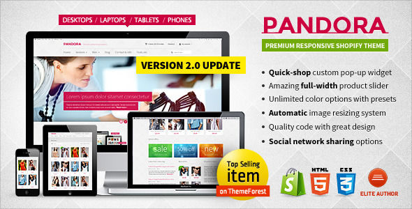 Pandora by Planetshine is a Shopify theme which features support for RTL languages, fully responsive layouts, search engine optimization and  WooCommerce integration.