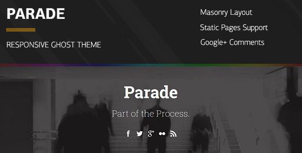 Parade by Audemedia is a Ghost theme which features support for RTL languages, fully responsive layouts, Google Fonts support, blogging related layouts and optimizations and  masonry post layouts.