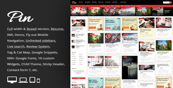 Pin by An-Themes is a niche WordPress theme with frontend submission functionality which features fully responsive layouts, search engine optimization, Google Fonts support, support for photo galleries, magazine style layouts, is great for your personal site, masonry post layouts and a grid layout.