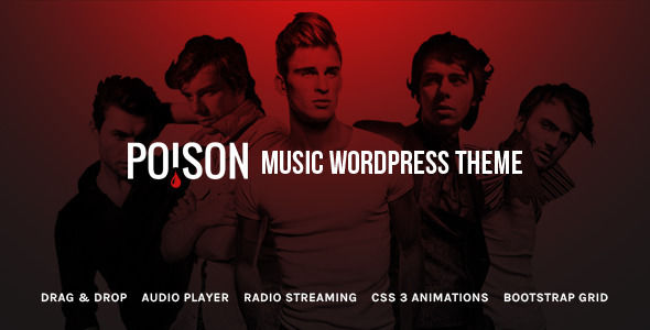 Poison by Theme-Squared is a WordPress theme for bands which features parallax elements, support for RTL languages, one page layouts, fully responsive layouts, search engine optimization, Google Fonts support, Revolution Slider, clean design and Bootstrap framework utilization.