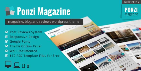 Ponzi by Wpamanuke is a news magazine WordPress theme with video support which features support for RTL languages, fully responsive layouts, Google Fonts support, clean design, Bootstrap framework utilization, magazine style layouts, a grid layout and minimal design.