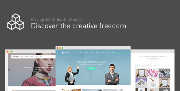 Prodigy by UmbrellaStudios is a WordPress theme which features Retina display support, parallax elements, support for RTL languages, Mega Menu, one page layouts, fully responsive layouts, search engine optimization, Google Fonts support, Revolution Slider, WooCommerce integration, clean design, Bootstrap framework utilization, support for photo galleries, can be used for your portfolio, magazine style layouts, blogging related layouts and optimizations, masonry post layouts and a grid layout.
