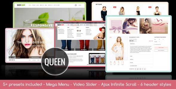 Queen by Roartheme is a Shopify theme which features support for RTL languages, Mega Menu, fully responsive layouts, search engine optimization, Bootstrap framework utilization, a grid layout and  minimal design.