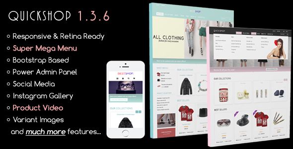 Quickshop by Roartheme is a Shopify theme which features Retina display support, support for RTL languages, Mega Menu, fully responsive layouts, search engine optimization, Bootstrap framework utilization and  minimal design.