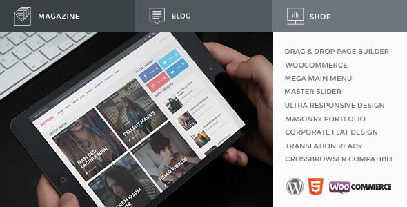 REPRINT by Entiri is a WordPress theme which features Retina display support, parallax elements, support for RTL languages, one page layouts, fully responsive layouts, search engine optimization, Google Fonts support, Revolution Slider, WooCommerce integration, clean design, Bootstrap framework utilization, can be used for your portfolio, magazine style layouts, corporate style visuals, flat design aesthetics, masonry post layouts, a grid layout and minimal design.