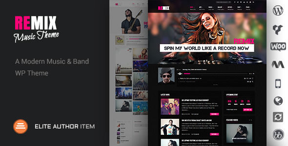 Remix by Codevz is a WordPress music theme which features Retina display support, support for RTL languages, one page layouts, fully responsive layouts, search engine optimization, Google Fonts support, Revolution Slider, WooCommerce integration, magazine style layouts, masonry post layouts and a grid layout.