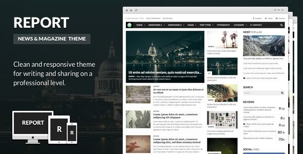 Report by Equiet is a news magazine WordPress theme with video support which features Retina display support, support for RTL languages, fully responsive layouts, search engine optimization, Google Fonts support, Revolution Slider, support for photo galleries, magazine style layouts, flat design aesthetics and minimal design.