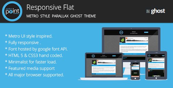 Responsive Flat by Perfectpoint is a Ghost theme which features support for RTL languages, fully responsive layouts, Google Fonts support, Bootstrap framework utilization, flat design aesthetics and  minimal design.