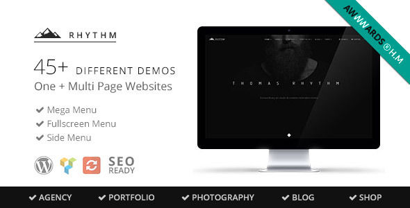 Rhythm by JoiThemes is a WordPress theme which features Retina display support, parallax elements, one page layouts, fully responsive layouts, search engine optimization, Revolution Slider, WooCommerce integration, Bootstrap framework utilization, support for photo galleries, can be used for your portfolio, magazine style layouts, a grid layout and minimal design.