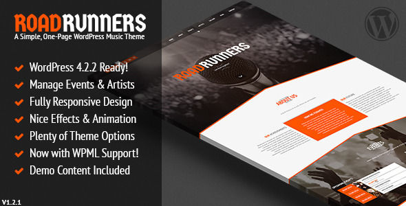 RoadRunners by SubatomicThemes is a WordPress theme for bands which features support for RTL languages, one page layouts, fully responsive layouts, Google Fonts support, flat design aesthetics and a grid layout.