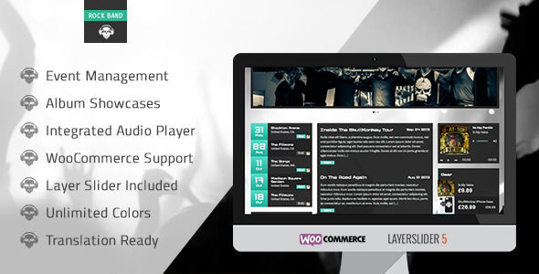 Rock Band by Bonsaished is a WordPress theme for bands which features Retina display support, support for RTL languages, fully responsive layouts, search engine optimization, Google Fonts support, WooCommerce integration and minimal design.