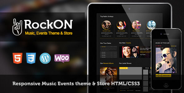 RockOn by CrunchPress is a WordPress music theme which features Retina display support, support for RTL languages, fully responsive layouts, Google Fonts support, Revolution Slider, WooCommerce integration, Bootstrap framework utilization, masonry post layouts and a grid layout.