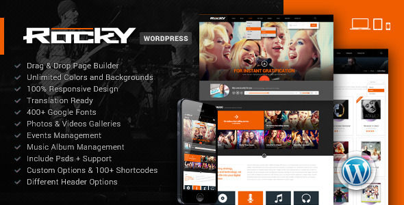 Rocky by Chimpstudio is a WordPress theme for bands which features fully responsive layouts, Revolution Slider and Bootstrap framework utilization.