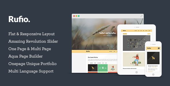 Rufio by Thunderbuddies is a WordPress theme which features Retina display support, parallax elements, support for RTL languages, one page layouts, fully responsive layouts, search engine optimization, Google Fonts support, Revolution Slider, Bootstrap framework utilization, support for photo galleries, can be used for your portfolio, magazine style layouts, is great for your personal site, corporate style visuals, flat design aesthetics and a grid layout.