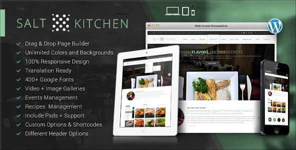 SaltKitchen by Chimpstudio is a recipe WordPress theme which features support for RTL languages, fully responsive layouts and Revolution Slider.