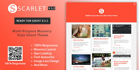 Scarlet by GBJsolution is a Ghost theme which features Retina display support, fully responsive layouts, clean design, Bootstrap framework utilization, is great for your personal site, blogging related layouts and optimizations, flat design aesthetics, masonry post layouts and  minimal design.