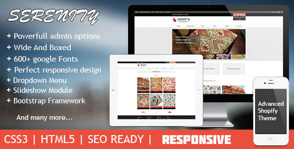 Serenity by Ninetheme is a Shopify theme which features Retina display support, support for RTL languages, fully responsive layouts, search engine optimization, Google Fonts support, WooCommerce integration, clean design, Bootstrap framework utilization, can be used for your portfolio and  minimal design.