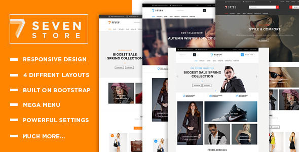 Seven Store by Themesground is a Shopify theme which features support for RTL languages, Mega Menu, fully responsive layouts, clean design and  Bootstrap framework utilization.